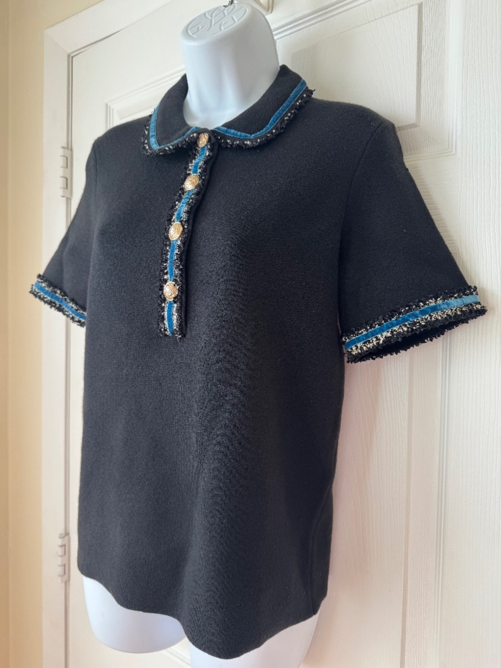 Maje Mexicana Black Knit Polo Top Velvet Tween Trim NWT Size 1